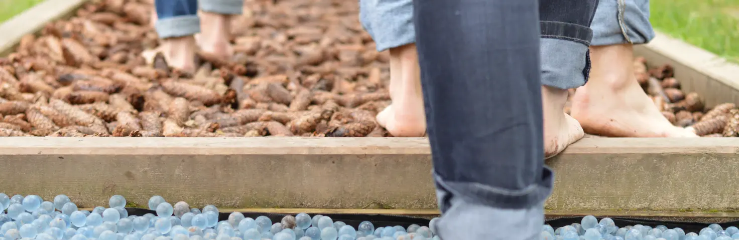 Barfußpfad im Park: Mehrere Personen in Jeans spazieren barfuß über Tannenzapfen und Glaskugeln. Man sieht nur die Knöchel und Füße.
