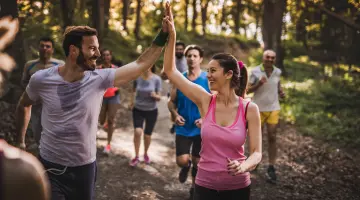 Laufende des EMB Energie-Cup auf einem Waldweg geben sich gegenseitig High Five.