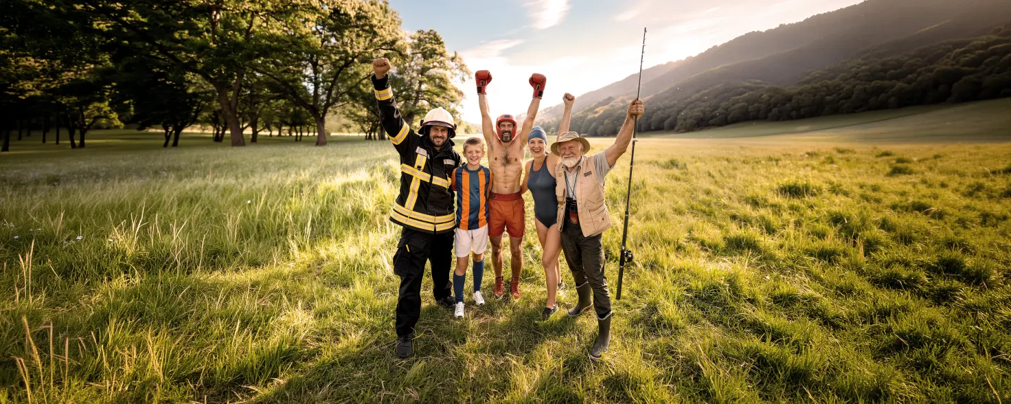 Eine Gruppe von fünf Mitgliedern unterschiedlicher Vereine steht auf einer sonnigen Wiese und hebt die Arme in die Höhe. 