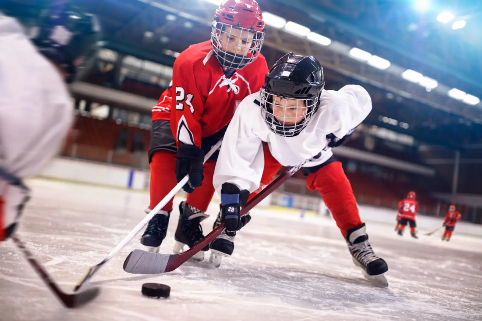 Zwei junge Eishockey-Spieler rangeln auf dem Spielfeld um den Puck.