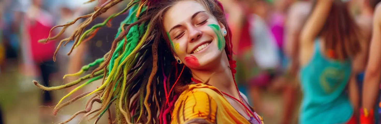 Eine junge Frau mit bunten Rastalocken tanzt ausgelassen bei einem Festival.
