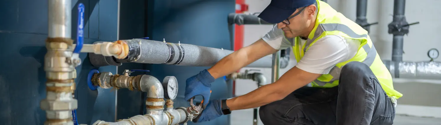 Ein Mann in Warnweste arbeitet an einer Heizungsanlage