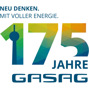 Schriftzug 175 Jahre GASAG mit einer Silhouette des Berliner Fernsehturms in Blau.