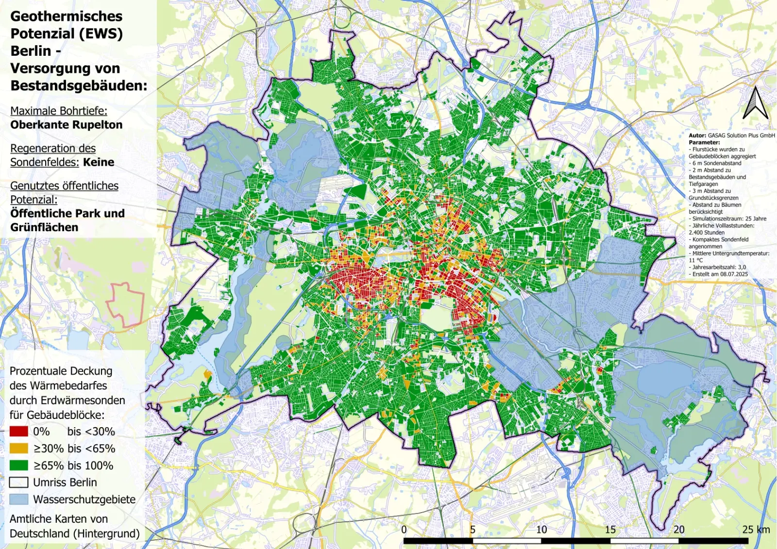 Die Karte zeigt das geothermische Deckungspotenzial von Berlin nach vollständiger Regeneration des Sondenfeldes.