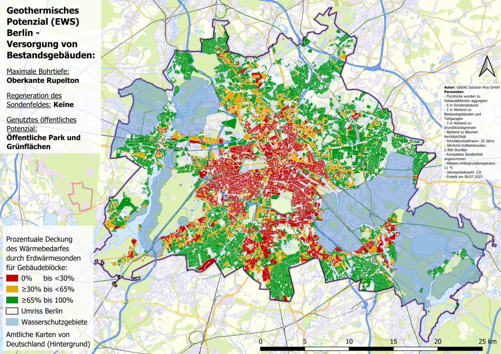 Die Karte zeigt das geothermische Deckungspotenzial von Berlin ohne Regeneration des Sondenfeldes.