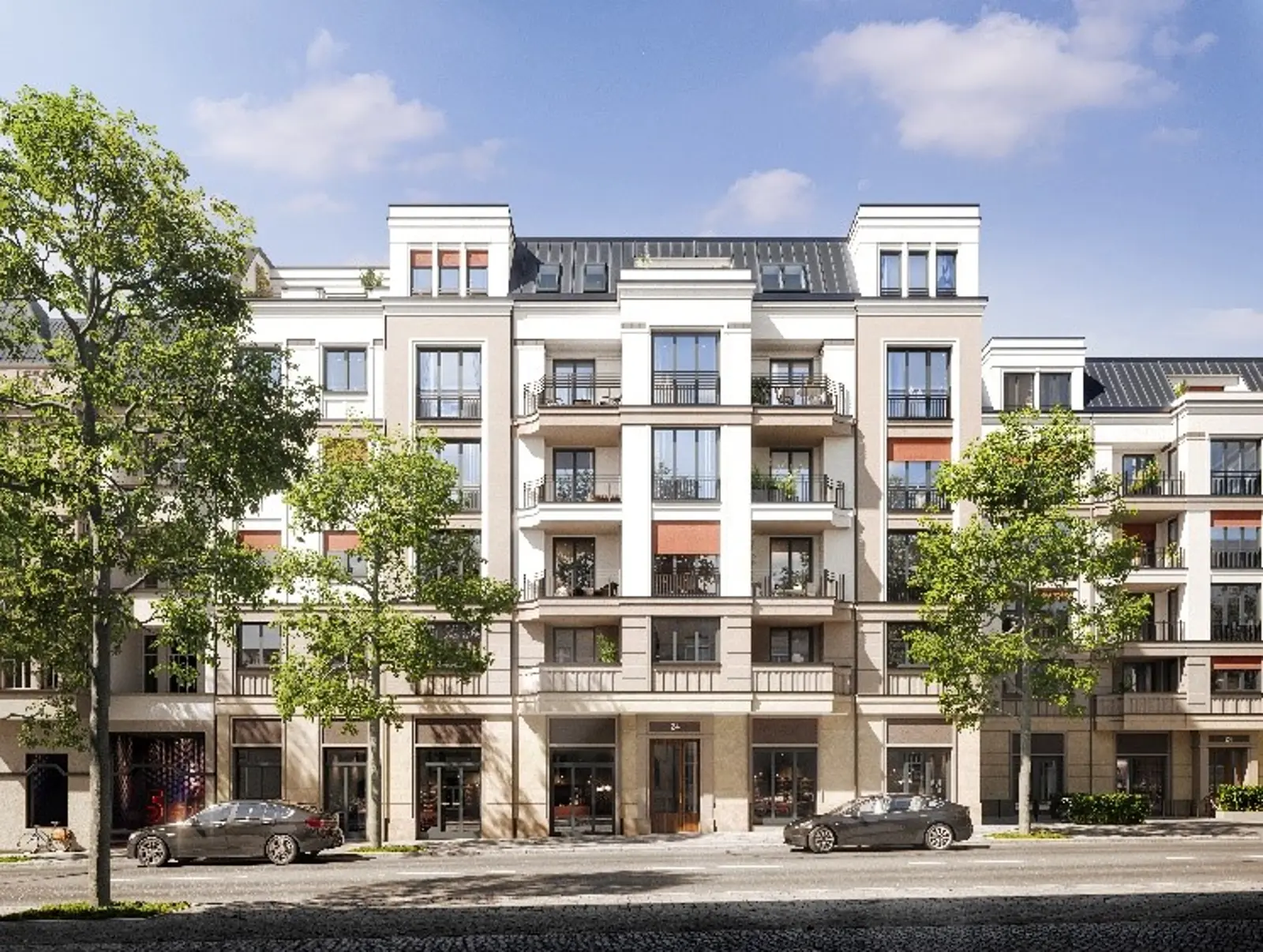 Straßenfassade des Neubauprojekts Karllotta in Berlin-Steglitz.