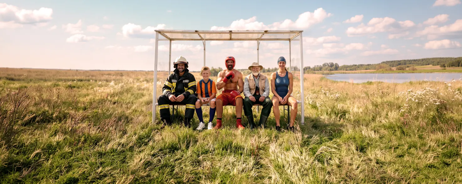 Fünf Personen in unterschiedlichen Berufs- und Sportoutfits sitzen an einer Haltestelle auf einer Wiese neben einem See.