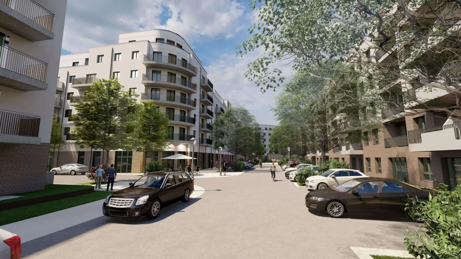 Straßenansicht des Neubauquartiers Staytion in Berlin-Pankow. 