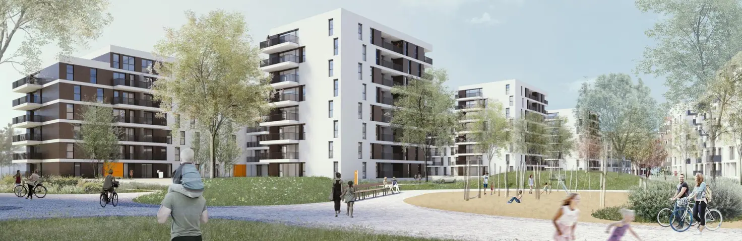 Wohn- und Gewerbequartier Marienhöfe: Mehrere weiße achtstöckige Wohnhäuser mit dunklen Fensterbändern stehen direkt an einem grünen Parkgelände. Bild mit KI erstellt.